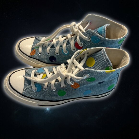 Chuck Taylor Converse Light Blue Polka Dot High Top Shoes Unisex Women's Size 7 - Picture 1 of 10